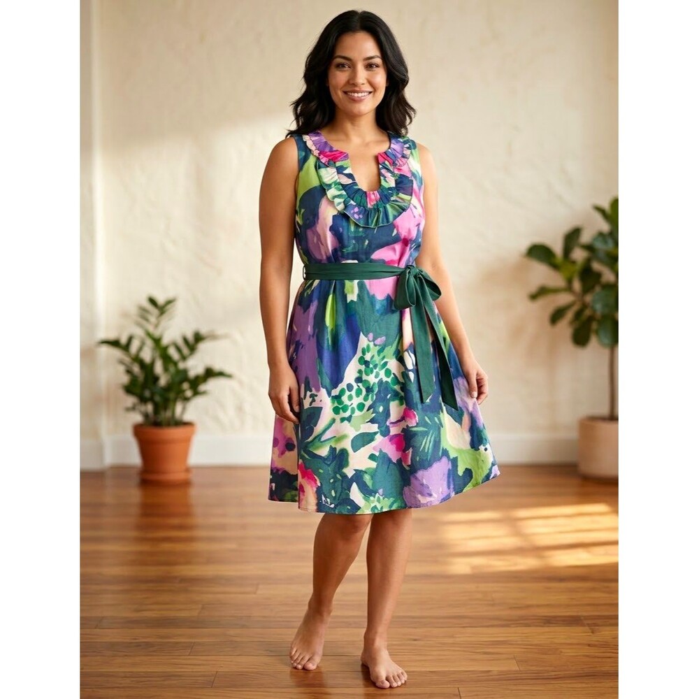Beth Bowley Multicolor Floral A-Line Round Neck Ruffle Belt Dress Brunch Garden
